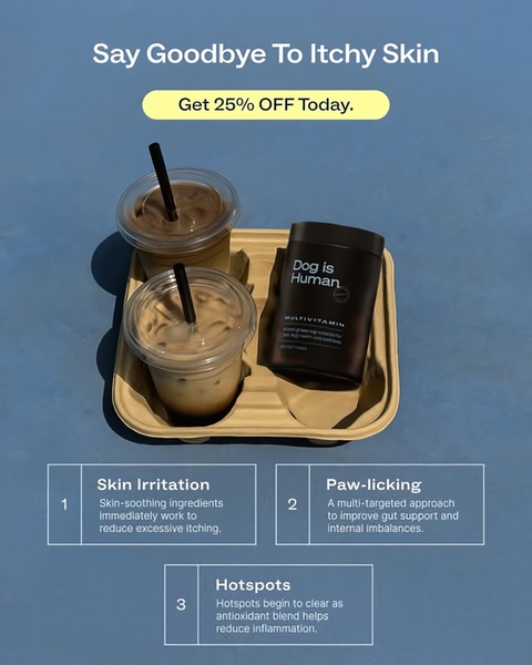A clean, educational 4:5 creative that pairs a lifestyle product shot with a numbered list of skin and health benefits to address common pet owner pain points.
